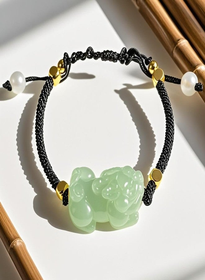 Chiorgone Handmade Hotan Jade Pixiu Bracelet - Black Woven Cord with Gold Tone Metal Beads, Green Jade Wealth Mascot Pendant, Fengshui Lucky Charm Bracelet for Men/Women. - Image 4
